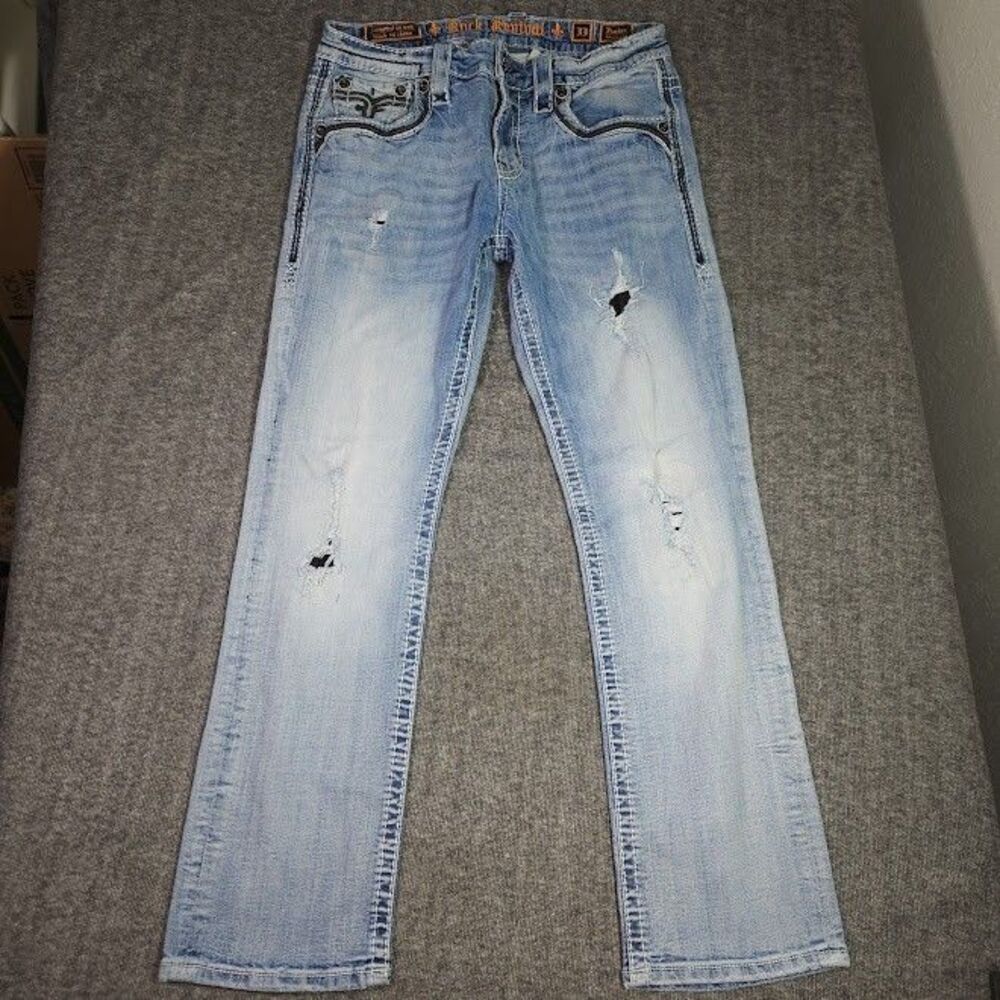 Rock Revival Florian Straight Jeans Mens 32x31 Blue Distressed Thick Stitch Y2K